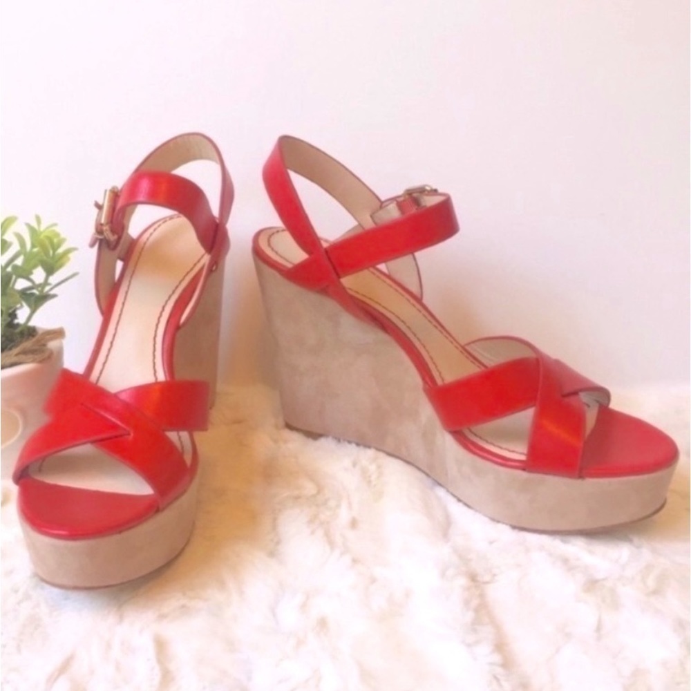 POUR la Victoire red leather strapy suede velvet wedges sandals New